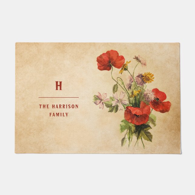 モノグラム素朴ヴィンテージブーケレッドポピーズベージュ ドアマット (正面)