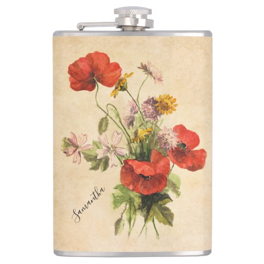 モノグラム素朴ヴィンテージブーケレッドポピーズベージュ フラスク (正面)