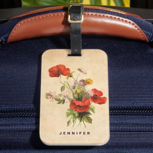 モノグラム素朴ヴィンテージブーケレッドポピーズベージュ ラゲッジタグ (正面インサイチュ2)