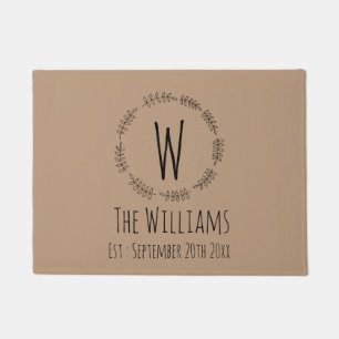 モノグラム素朴付き手描きリース  ようこそ ドアマット