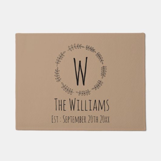 モノグラム素朴付き手描きリース |ようこそ ドアマット (正面)