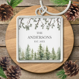 モノグラム素朴水彩松の木と枝 キーホルダー