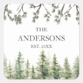 モノグラム素朴水彩松の木と枝 スクエアシール (正面)