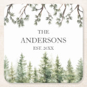モノグラム素朴水彩松の木と枝 スクエアペーパーコースター (正面)