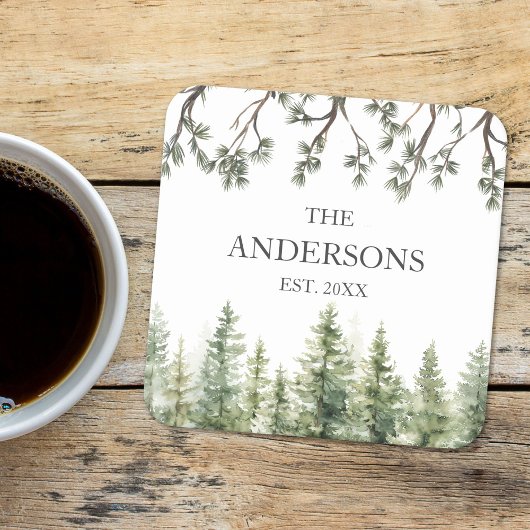 モノグラム素朴水彩松の木と枝 スクエアペーパーコースター