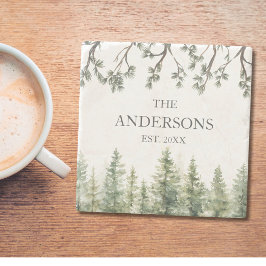 モノグラム素朴水彩松の木と枝 ストーンコースター