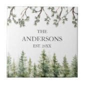 モノグラム素朴水彩松の木と枝 タイル (正面)