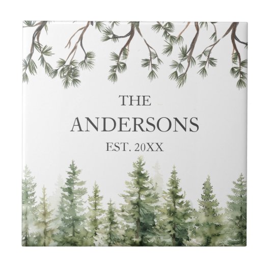 モノグラム素朴水彩松の木と枝 タイル (正面)