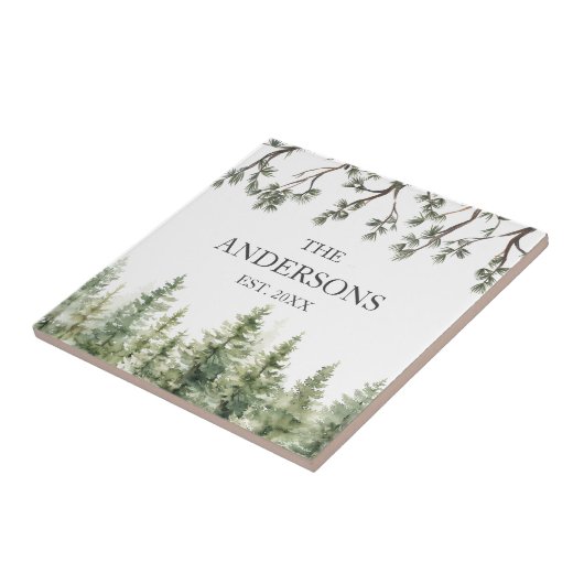 モノグラム素朴水彩松の木と枝 タイル (側面)