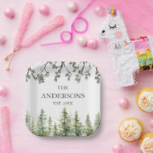 モノグラム素朴水彩松の木と枝 ペーパープレート (パーティー)