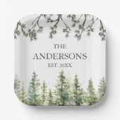 モノグラム素朴水彩松の木と枝 ペーパープレート (正面)