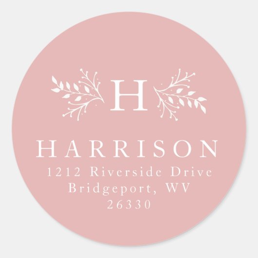 モノグラム素朴赤面ピンク差出人住所ステッキ ラウンドシール (正面)