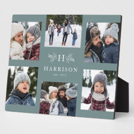 モノグラム素朴6フォトコラージュ苗字ティール（緑がかった色） フォトプラーク