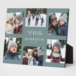 モノグラム素朴6フォトコラージュ苗字ティール（緑がかった色） フォトプラーク