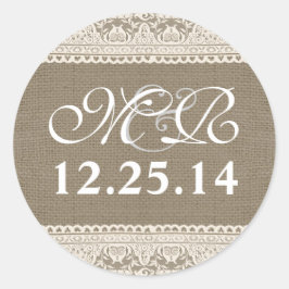 モノグラム結婚と日付のバーラップレースのシール ラウンドシール