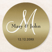 モノグラム結婚の感謝Shimmery金ゴールド ラウンドペーパーコースター (正面)