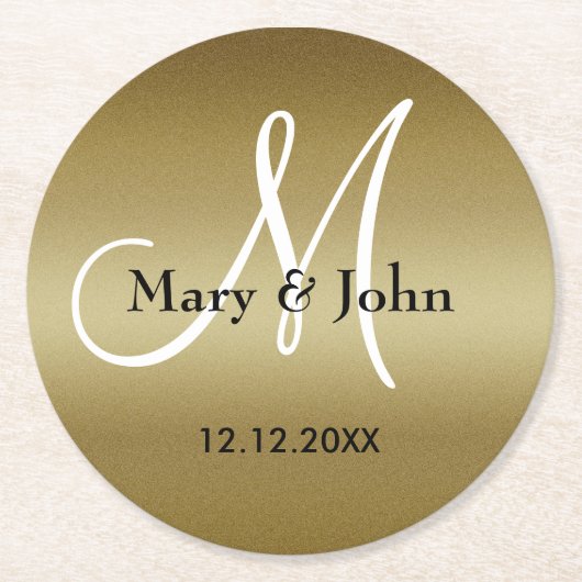 モノグラム結婚の感謝Shimmery金ゴールド ラウンドペーパーコースター (正面)
