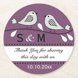 モノグラム結婚の紫色愛鳥に感謝 ラウンドペーパーコースター