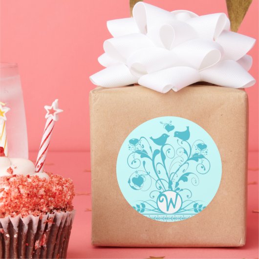 モノグラム結婚の鳥のハートがアクアブルーを渦巻く ラウンドシール (パーティー)