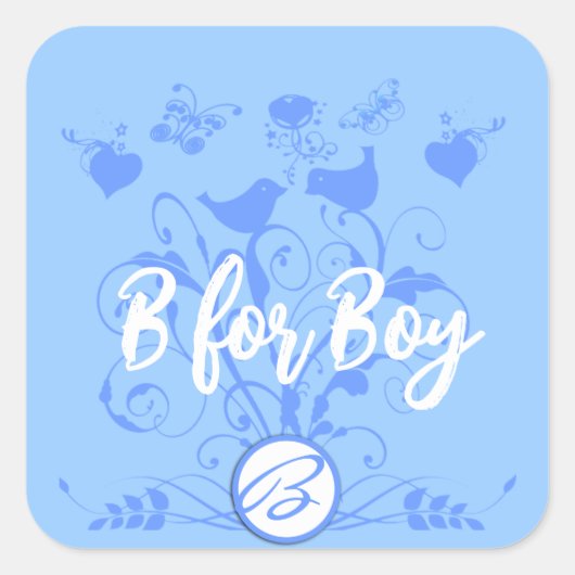 モノグラム結婚の鳥のハートがパウダーブルーに渦巻く スクエアシール (正面)