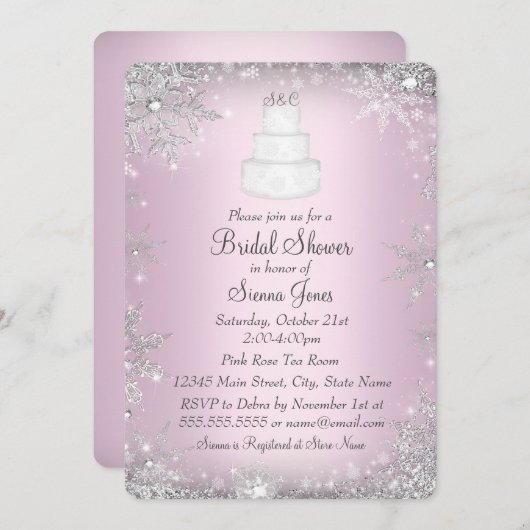 モノグラム結婚ズケーキピンクブライダルシャワー招待状 招待状 (正面/裏面)