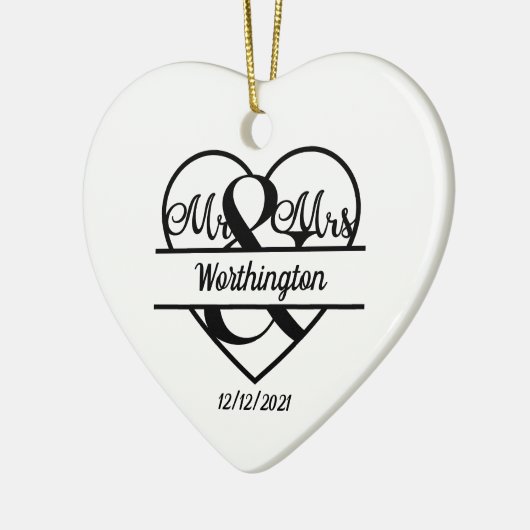 モノグラム結婚ズネームハートホリデイ セラミックオーナメント (左)