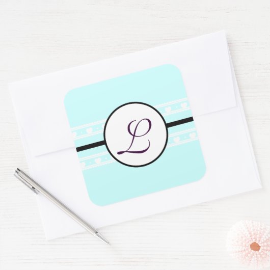 モノグラム結婚ズブリットアクア縁どブルー スクエアシール (封筒)