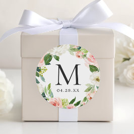 モノグラム結婚ズ日付赤面ピンクフローラリース ラウンドシール