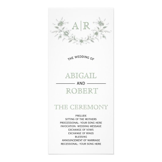 モノグラム結婚式プログラム付きグリーンフローラフレーム ラックカード (正面)