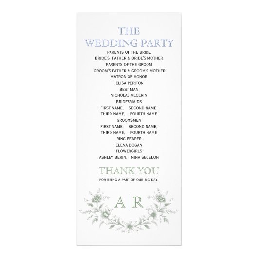 モノグラム結婚式プログラム付きグリーンフローラフレーム ラックカード (裏面)