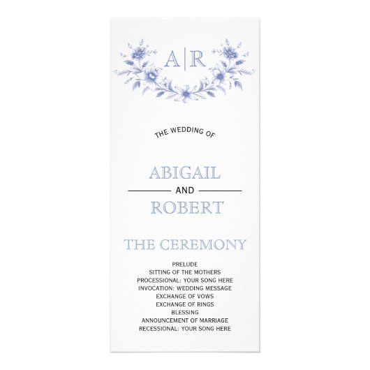 モノグラム結婚式プログラム付きブルーフローラフレーム ラックカード (正面)