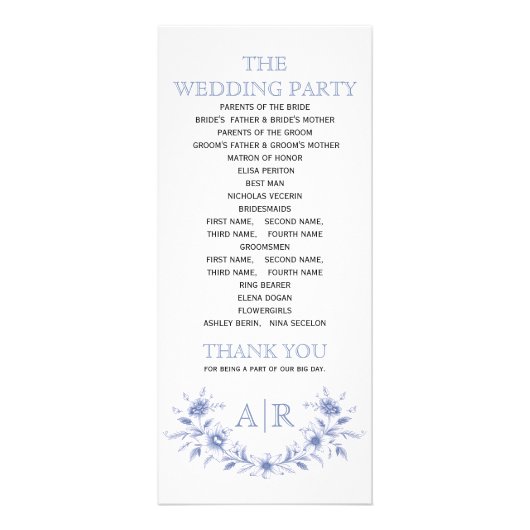 モノグラム結婚式プログラム付きブルーフローラフレーム ラックカード (裏面)