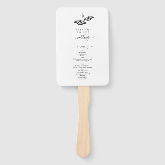 モノグラム結婚式プログラム 黒 白 蝶 ハンドファン (正面)