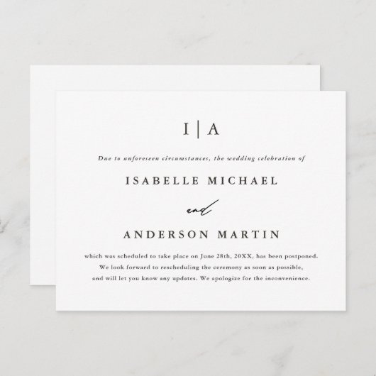 モノグラム結婚式延期のお知らせ 黒と白 案内ポストカード (正面/裏面)