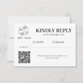 モノグラム結婚式QRコード返信状 ブラック ホワイト 出欠カード (正面)