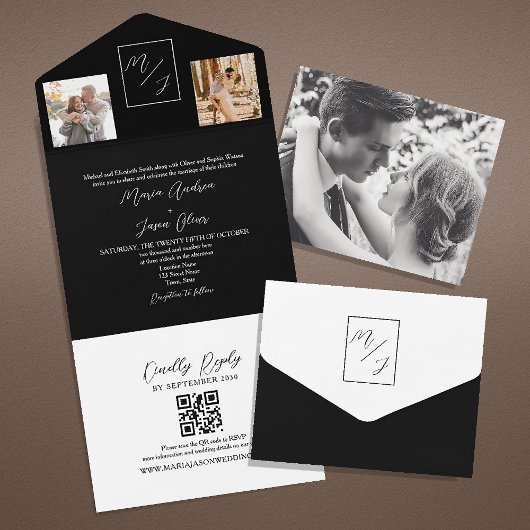 モノグラム結婚式QRコード ブラック＆ホワイト オールインワン招待状