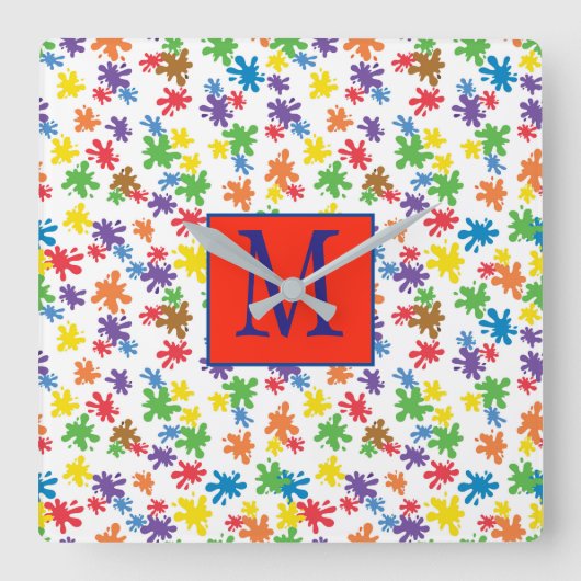 モノグラム絵を描(ばちゃばちゃ)跳ねる スクエア壁時計 (正面)