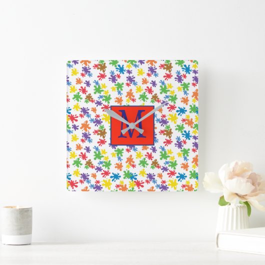 モノグラム絵を描(ばちゃばちゃ)跳ねる スクエア壁時計 (ホーム)