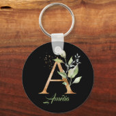 モノグラム緑ユーカリフェイク金ゴールドフォイルブラックK キーホルダー (正面)