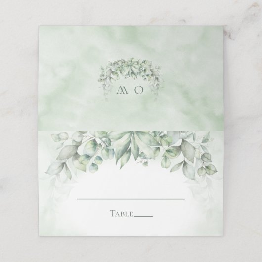 モノグラム緑ユーカリ結婚プス プレイスカード (外部開封)