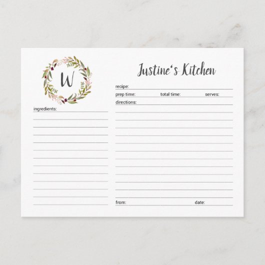 モノグラム緑リースレシピカード ポストカード (正面)
