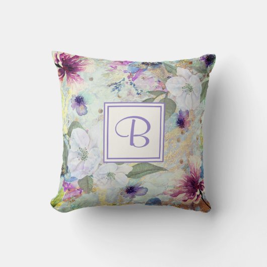 モノグラム緑金ゴールド水色フローラヴィンテージ クッション (正面)