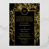 モノグラム編集可能ブラックタキシード金ゴールド結婚リース 箔招待状 (正面)