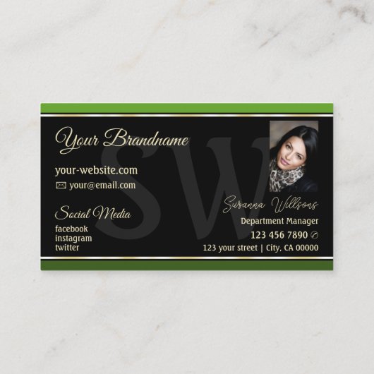 モノグラム縁どフォト付きシックグリーンオンブラック 名刺 (裏面)