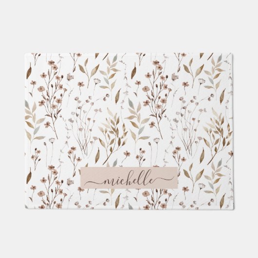 モノグラム繊細な水色の茶色の花離れの花 ドアマット (正面)