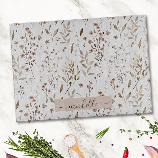 モノグラム繊細な水色乾燥した花離れの花 カッティングボード
