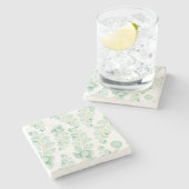 モノグラム美しいセージグリーンユーカリ柄 ストーンコースター (横)