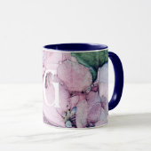 モノグラム美しいピンクの水色の花マグカップ マグカップ (正面右)