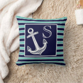 モノグラム航海のいかりネイビーブルーティール（緑がかった色）ストライプズ クッション (ブランケット)