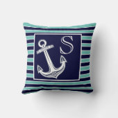 モノグラム航海のいかりネイビーブルーティール（緑がかった色）ストライプズ クッション (裏面)